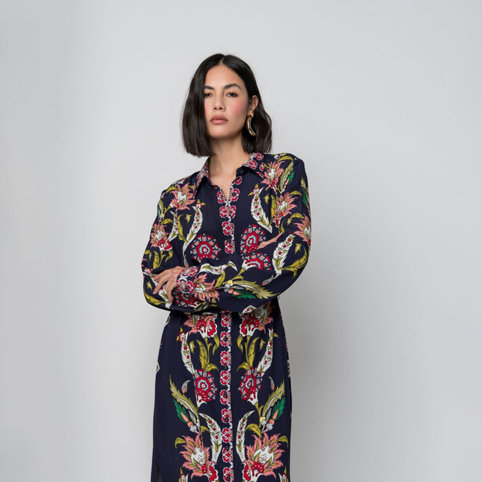 Raishma Blue Remy Floral Print Embroidered Midi Dress