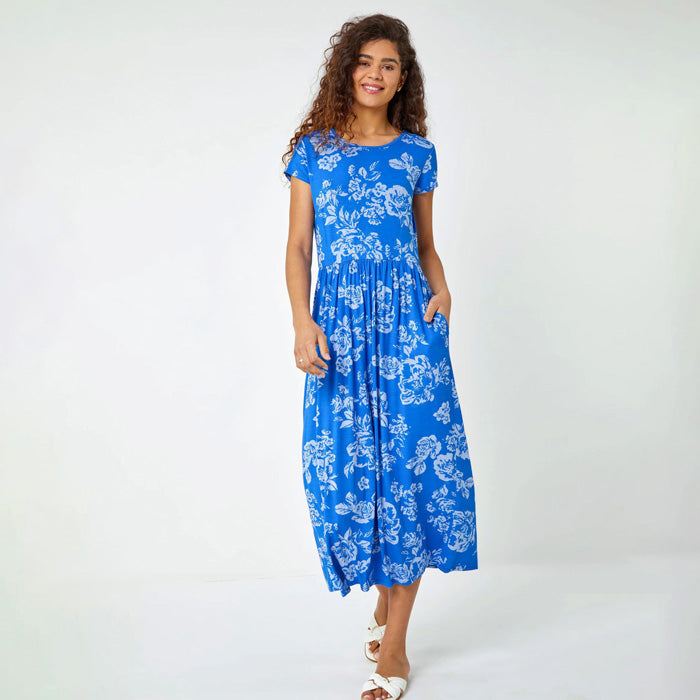 Roman Blue Sky Floral Print Midi Stretch Dress