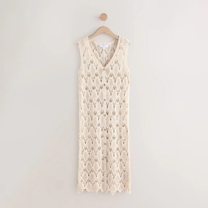 Neutral Crochet Button Through Beach Midi Dress