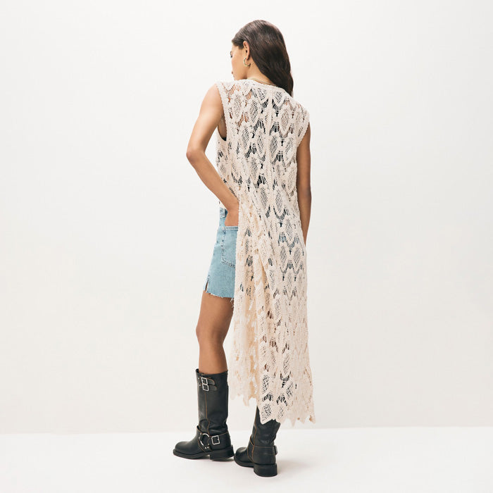 Neutral Crochet Button Through Beach Midi Dress