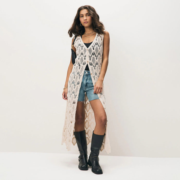 Neutral Crochet Button Through Beach Midi Dress