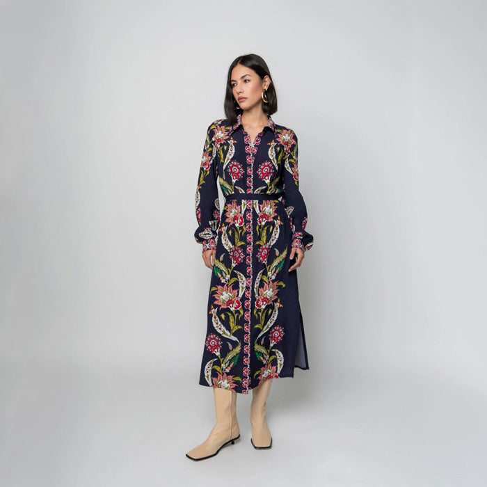 Raishma Blue Remy Floral Print Embroidered Midi Dress