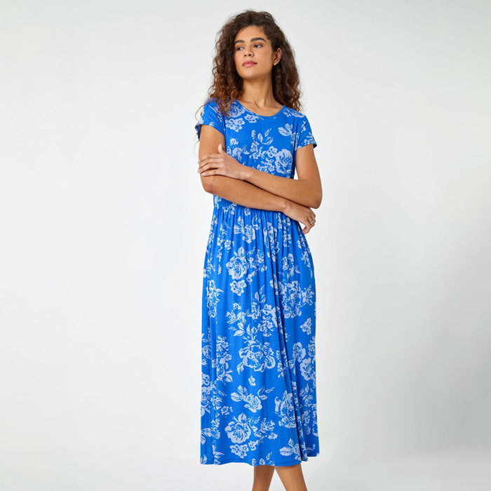Roman Blue Sky Floral Print Midi Stretch Dress