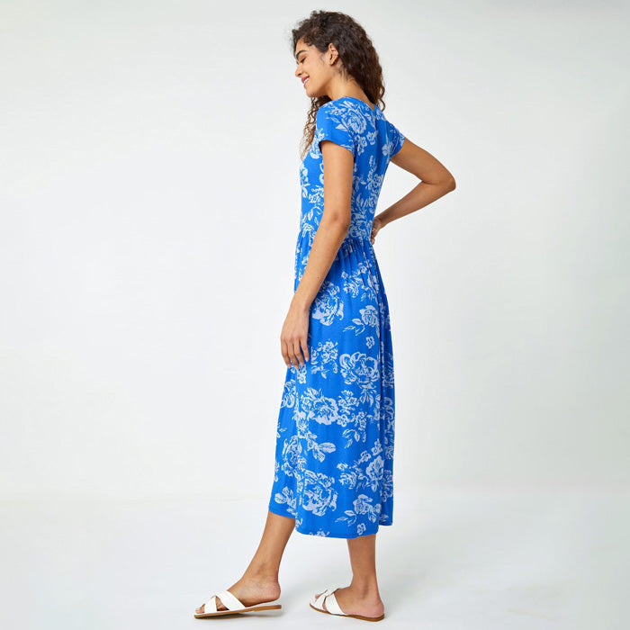 Roman Blue Sky Floral Print Midi Stretch Dress